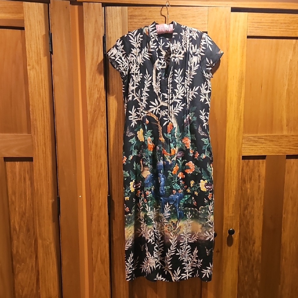 Peruvian Connection 'Ondean' Linen Dress. Size S. Botanical Print. Has Pockets